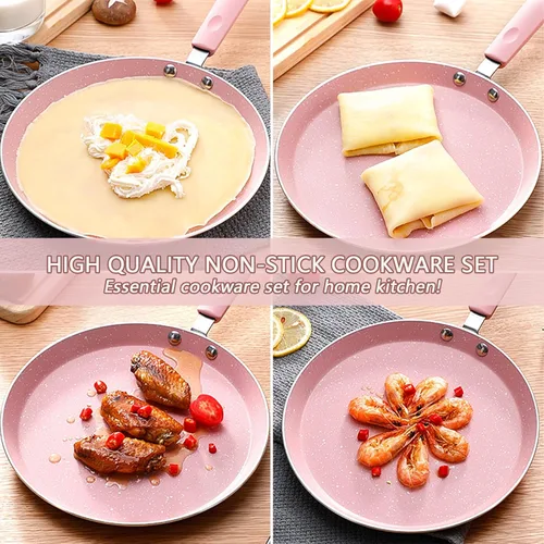 Vista 8 de JUSTUP Juego de sartenes antiadherentes, juego de 3 ollas y sartenes antiadherentes, juegos de utensilios de cocina rosa con revestimiento