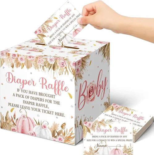 Vista 48 de Teling 51 boletos para rifas de pañales con caja de tarjetas, decoración de baby shower, caja de revelación de género para fiesta de rifas