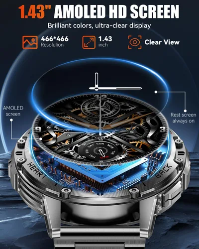 Vista 3 de Relojes inteligentes militares para hombres con llamada Bluetooth, reloj inteligente impermeable AMOLED de 1.43" con linterna, 111 modos deportivos