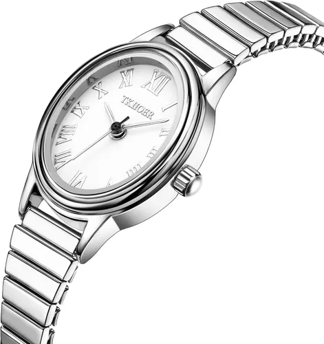 Vista 2 de Relojes pequeños de oro para mujer, reloj analógico de esfera fácil de leer, caja ovalada, banda de expansión de acero inoxidable, reloj impermeable