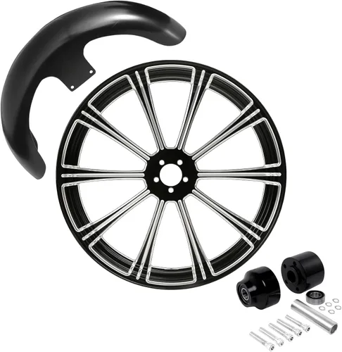Vista 17 de TCMT Llanta de rueda delantera de 21", buje de rueda de brida de doble disco con guardabarros delantero negro sin pintar, compatible con modelos