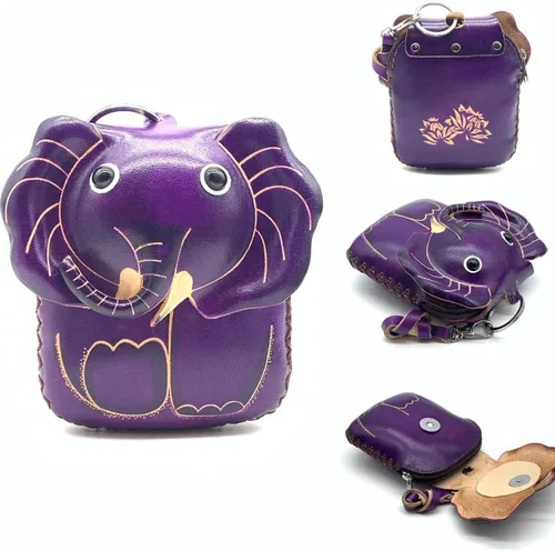 Vista 20 de Handmade Vintage Genuine Leather 3D Animal Elephant Coin Purse With Removable Wrist Strap (Brown)