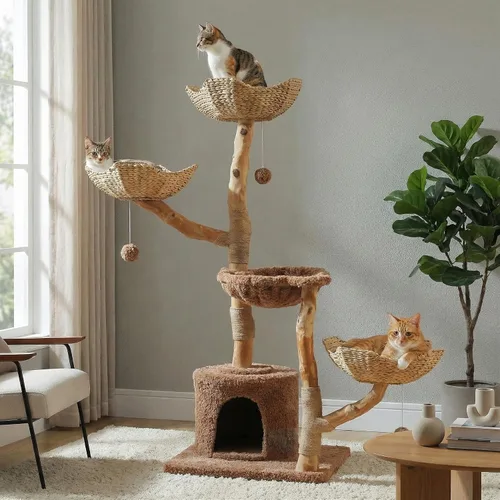 Vista 14 de MUTTROS Árbol de gato de madera con flores, torre de gato moderna con ramas de madera real, muebles de lujo boho con poste para rascar y 2 perchas
