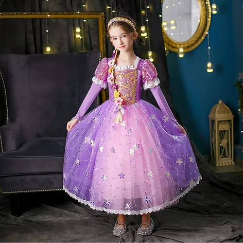 Vista 6 de Vestidos de princesa para niñas fiesta de cumpleaños cosplay vestido morado con accesorios