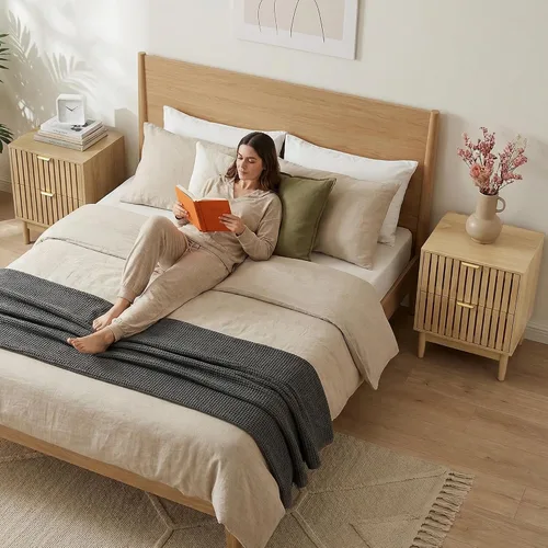 Vista 8 de Juego de 2 mesitas de noche de madera, moderna mesita de noche con diseño de rejilla, mesa auxiliar con 2 cajones de almacenamiento para sala