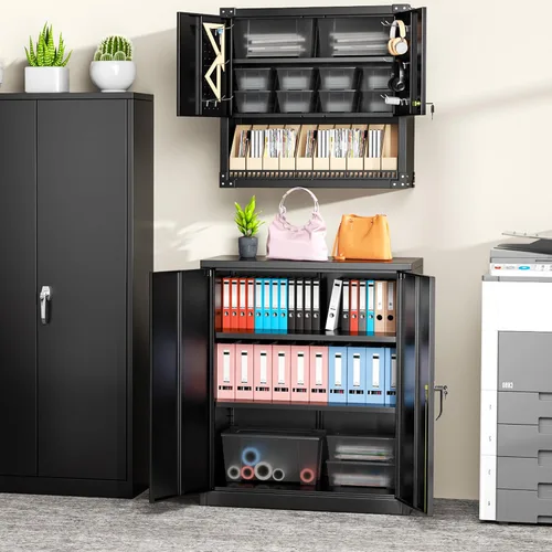 Vista 6 de Greenvelly Armario de almacenamiento de metal con puertas y estantes, gabinete de almacenamiento negro con cerradura de 36 pulgadas para oficina