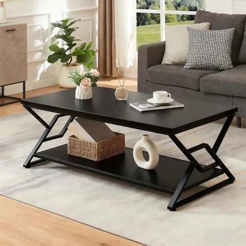 Vista 3 de HOMISSUE - Mesa de café, mesa de café rústica rectangular con almacenamiento de 2 niveles, mesa central de madera de ingeniería con estantes