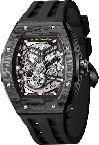 Vista 19 de Tsar Bomba Men's Automatic Watch Tonneau Luxury Skeleton Watch for Men Mechanical 50M Waterproof Wristwatch Gift for Men 08tc-whi