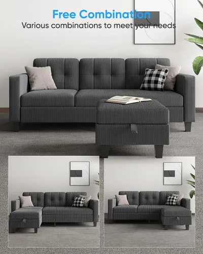 Vista 4 de Sofá en forma de L de 76 pulgadas, sofá modular convertible de pana con otomana de almacenamiento reversible, moderno sofá modular de 3 asientos
