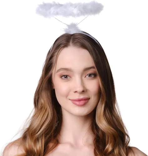 Vista 3 de Funcredible Diadema con halo de ángel blanco, halo emplumado, diadema de Halloween, accesorio de disfraz de ángel, para mujeres, hombres y niños