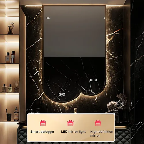 Vista 3 de Tocador de baño con fregadero, elegante tocador de baño flotante con espejo inteligente de desempañamiento, gabinete de fregadero de madera maciza