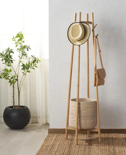 Vista 2 de SAFAVIEH Couture Collection Abellina - Perchero de madera maciza natural con cesta de almacenamiento