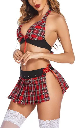 Vista 5 de Avidlove Conjunto de lencería de colegiala para mujer conjunto de lencería con brasier halter y minifalda