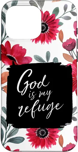 Vista 19 de God is My Refuge - Carcasa para iPhone 16, diseño de flores rojas con versículo bíblico del Salmo 91