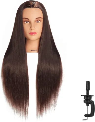 Vista 21 de Hairingrid Cabeza de maniquí de 26 a 28 pulgadas, para entrenamiento de peinado, cosmetología, cabeza de muñeca, pelo de fibra sintética y soporte