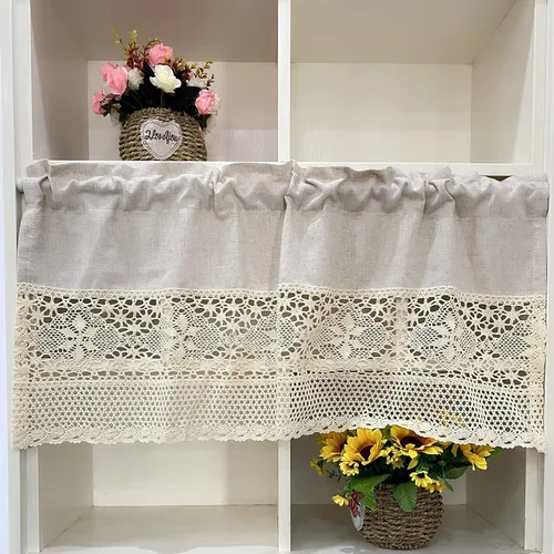 Vista 10 de Cenefa de cortina rústica bohemia para ventana de cocina, casa de campo, hecha a mano, entretejido de encaje de ganchillo, tela de algodón, cortinas
