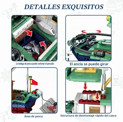 Vista 4 de Juego de bloques de construcción de barcos de pesca, juego de bloques de construcción de pesca en el mar, juego de juguetes de colección