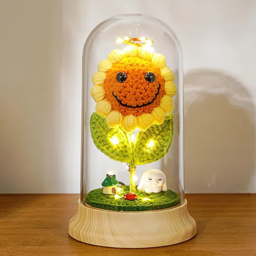 Vista 10 de Regalos de girasol de ganchillo para mujeres, regalos de cumpleaños de flores de sol artificiales para abuela, en cúpula de plástico girasol