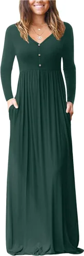 Vista 14 de GRECERELLE Vestido de manga larga con cuello en V para mujer, estilo casual, con botones, maxi, 2025, con bolsillos 01 Negro