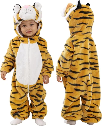 Vista 19 de TONWHAR - Disfraz para niños y bebés, disfraz de dinosaurio, tigre, animal, atuendo de fantasía, mameluco con capucha Azul (Blue Unicorn)