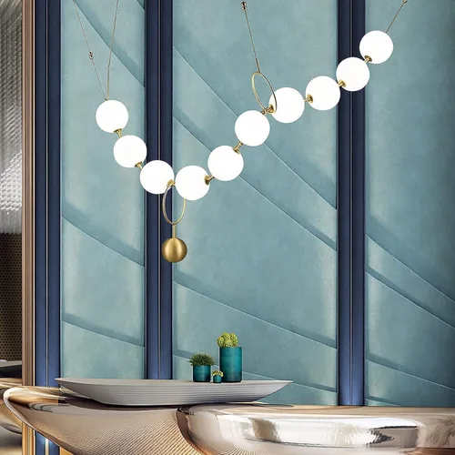 Vista 3 de Postmodern - Collar de perlas con bola de cristal, 10 luces; lámpara de araña de burbujas de bola de vidrio blanco leche, luz LED ajustable