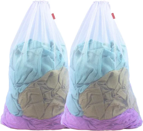 Vista 10 de Paquete de 2 bolsas de malla para lavandería, 23 x 35 pulgadas, bolsas de malla resistentes con cierre de cordón para residentes universitarios