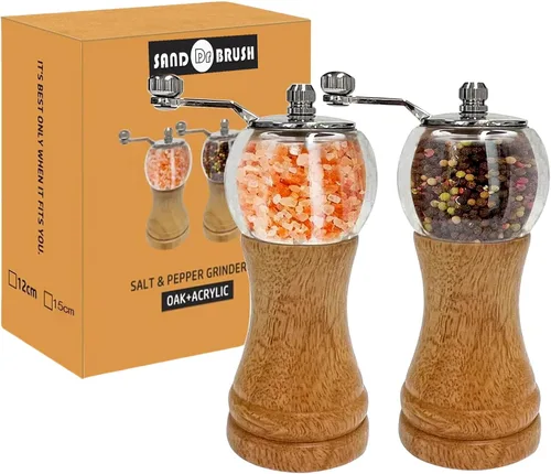 Vista 7 de Juego de molinillo de sal y pimienta, molinillo de pimienta de madera de acacia con grosor ajustable, molinillo de hoja de cerámica recargable
