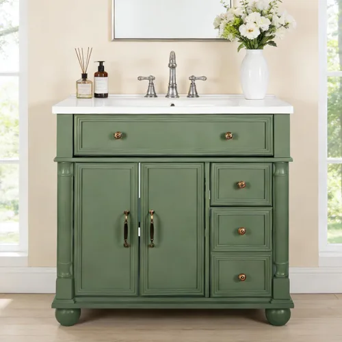 Vista 36 de Henf 28 Inch Bathroom Vanity with Ceramic Integrated Sink, Blue Bathroom Storage Cabinet with 2 Soft Close Doors,1 Tilt-Out Drawer,Reinforced Corner