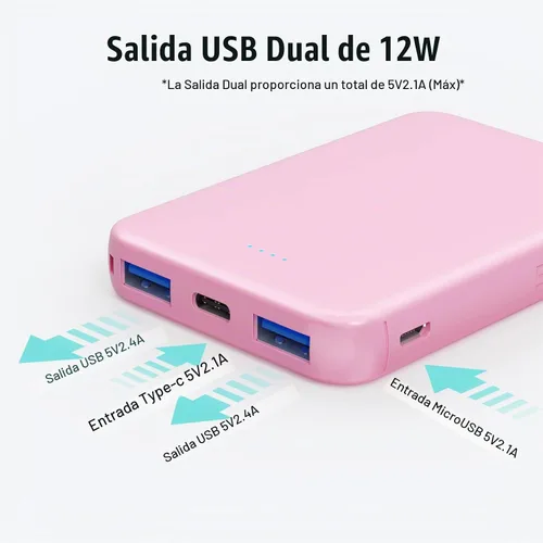 Vista 2 de Cargador portátil, mini batería externa de 5000 mAh, salida de 3 puertos (entrada y salida USB-C), carga rápida, batería externa compatible con Rojo