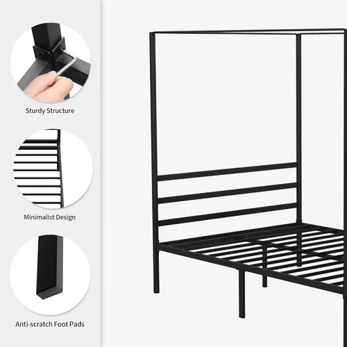 Vista 4 de YITAHOME Marco de cama de metal con dosel de cuatro pósteres, plataforma de cama de 14 pulgadas con cabecera incorporada, soporte de colchón