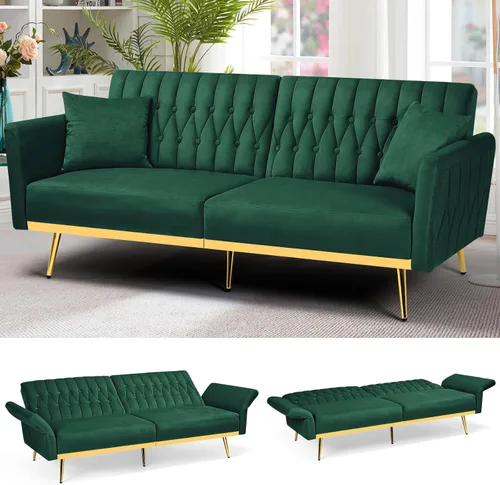 Vista 16 de Sofá cama futón de terciopelo de 70 pulgadas con reposabrazos ajustables, color azul bebé
