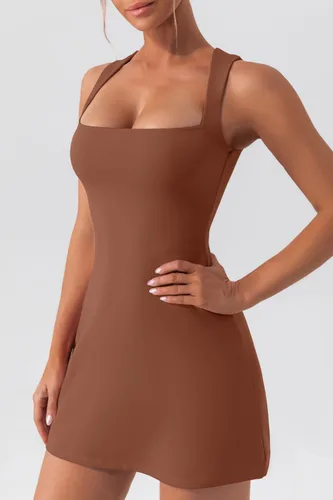 Vista 4 de Vestido corto de verano con cuello cuadrado sólido para mujer, sin mangas, elástico, acampanado, mini vestidos de sol.