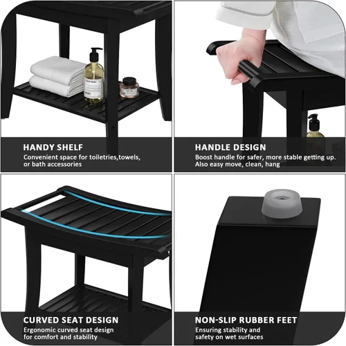 Vista 10 de Taburete Banco de Ducha de Bambú Impermeable con Estante de Almacenamiento para Afeitarse las Piernas o Asiento de Baño de Spa en el Baño y Dentro