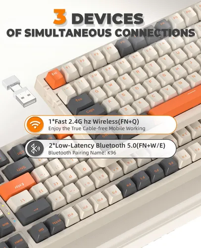 Vista 3 de ZIYOU LANG Teclado mecánico inalámbrico 96% para juegos, USB 2.4G + tipo cBT5.0, interruptor rojo intercambiable en caliente y teclas de flecha
