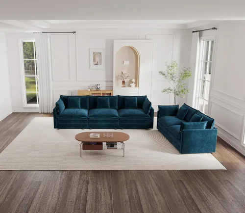Vista 26 de KEIKI Juego de sofá de 2 piezas con 2 sofás individuales de felpilla de gran tamaño, estilo moderno tapizado de 2 plazas con 2 almohadas, cojines
