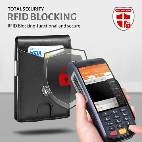 Vista 70 de GSOIAX Cartera delgada de cuero plegable RFID para hombre, billetera minimalista con bolsillo frontal con clip para dinero, 12 ranuras para Negro