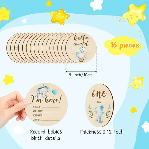 Vista 2 de Tiamon 16 tarjetas mensuales de madera para bebé, discos de marcador de hitos mensuales, círculos de madera de doble cara, letreros de meses