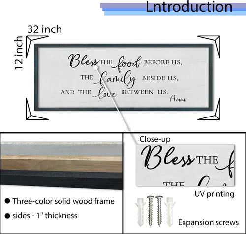 Vista 2 de FZMHASLWW Decoración de Pared para Comedor Bendición Cristiana Bendice la Comida Familia Amor Letrero de Versículo Bíblico 32"×12" Escritura
