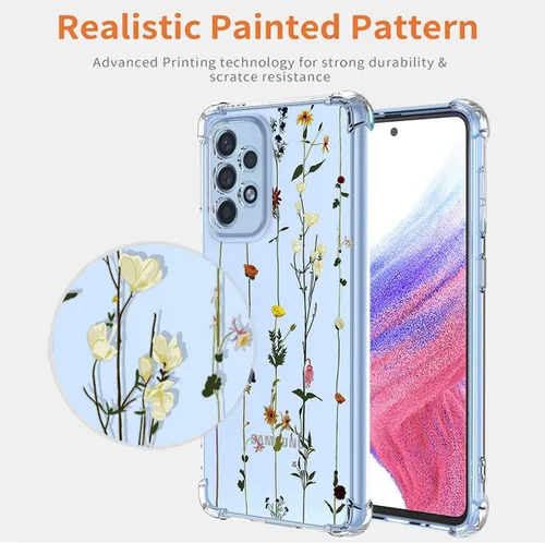 Vista 3 de Funda para Galaxy A53 5G, Samsung A53 5G SM-A536U con protector de pantalla, funda transparente con patrones de jardín de flores, funda protectora