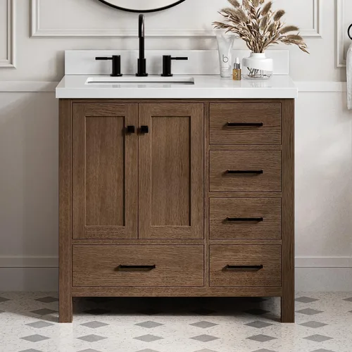 Vista 68 de ARIEL Cambridge - Mueble de baño con lavabo de 42 pulgadas, madera maciza, encimera de cuarzo blanco puro de 1.5 pulgadas, fregadero rectangular