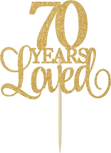 Vista 6 de Decoración para tartas de 70 años de amor, con texto en inglés "Cheers to 70 Years", decoración para tarta de cumpleaños de 70 años, 70 aniversario