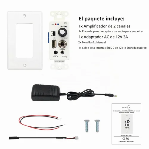 Vista 7 de receptor amplificador de control de audio en pared compatible con Bluetooth, 2 canales, placa de pared con entrada USB, micrófono (3.5mm) Aux, 120W
