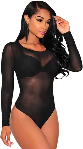 Vista 2 de SEBOWEL- Enterizoleotardo de mangas largas confeccionado en tela de malla transparente, para mujeres