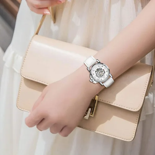 Vista 6 de Gute Reloj de pulsera de lujo mecánico de acero inoxidable con esqueleto steampunk automático para mujer