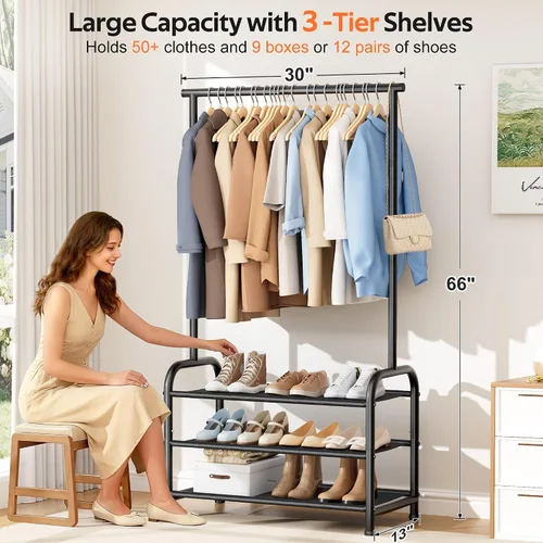Vista 5 de MISSLO Perchero resistente con ruedas y estantes para colgar ropa con 3 estantes