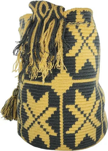 Vista 4 de Bolso Wayuu hecho a mano colombiano con diseño de camello y multicolor, Gris Amarillo, Bolso hecho a mano Wayuu