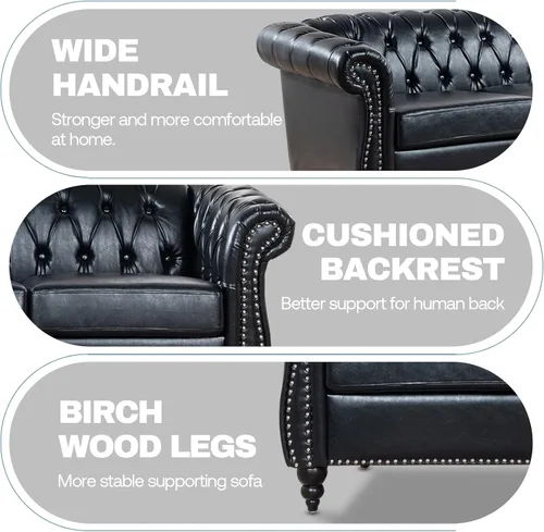 Vista 5 de Chesterfield Sofás para sala de estar, brazo enrollado negro de 3 plazas, cuero sintético de 84 pulgadas, sofá grande con botón profundo con cabeza