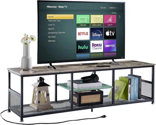Vista 14 de VECELO Soporte de TV con tomas de corriente para televisores de hasta 65 pulgadas, centro de entretenimiento multimedia de 55" con estación