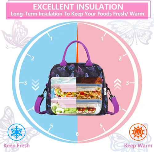 Vista 5 de VX VONXURY - Lonchera para mujeres y niñas, bolsa de almuerzo aislada, bonita bolsa de almuerzo con mariposa morada, contenedor de alimentos