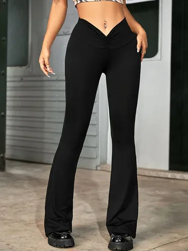 Vista 3 de Leggings acampanados de tiro bajo para mujer, pantalones cruzados con corte de bota en V, estilo casual, Y2K para entrenamiento